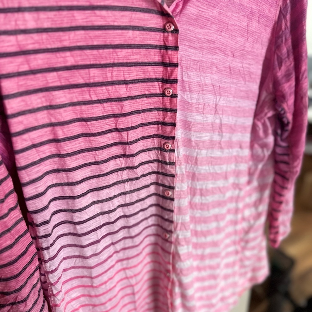 David Cline Pink Striped Button Front Top Lightweight Stretch Collared Blouse - Picture 2 of 4